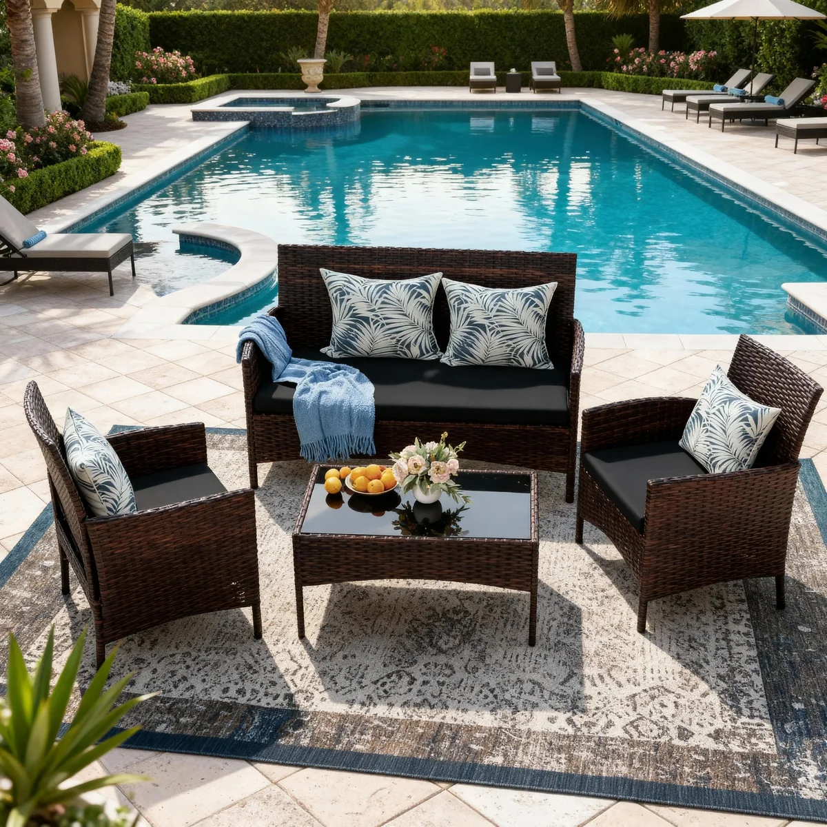 HOYOA 4 Pieces Patio Furniture Set, Patio Conversation Set Outdoor PE Rattan Wicker Chairs Set and Table,Brown/Gray 1724
