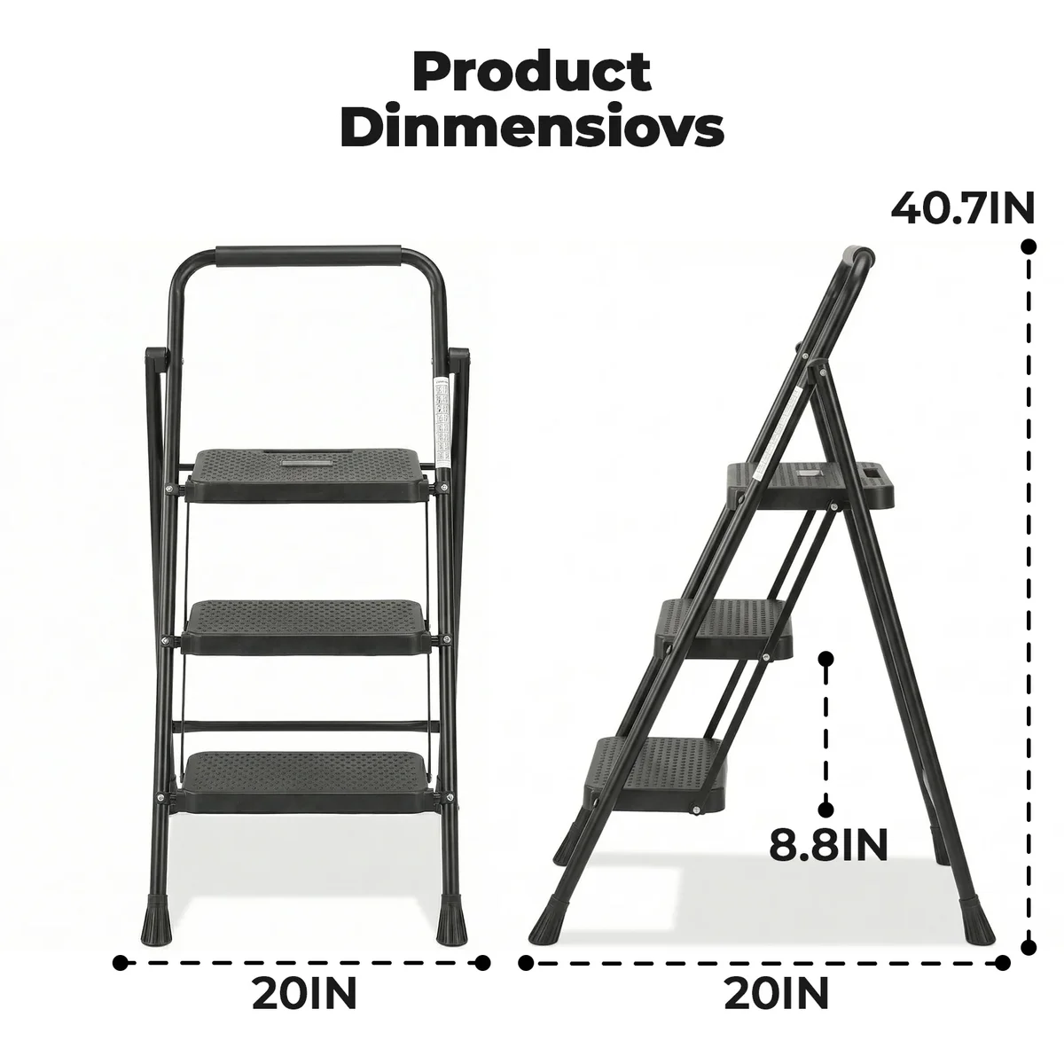 Alvantor 3-Step Ladder, Foldable Step Stool with Safety Lock, Anti-Slip Pedal, 300lbs Capacity 3449