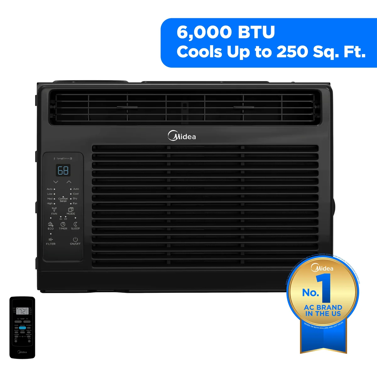 Midea 6,000 BTU 115V Window Air Conditioner with Comfort Sense Remote, up to 250 Sq. ft., Black, MAW06R1WBL-T, New 4289