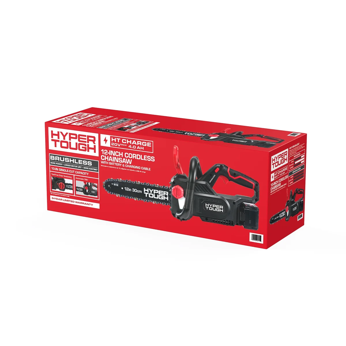 Hyper Tough 12" 20V Brushless Cordless Chainsaw with 20V Max 4.0Ah Battery and Charging Cable 7757