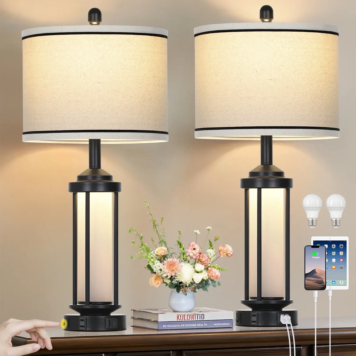Cinkeda Industrial Table Lamps Set of 2 with USB A+C Ports AC Outlet Nightlight 26" Modern Bedside Nightstand Lamps for Bedroom Living Room 8803