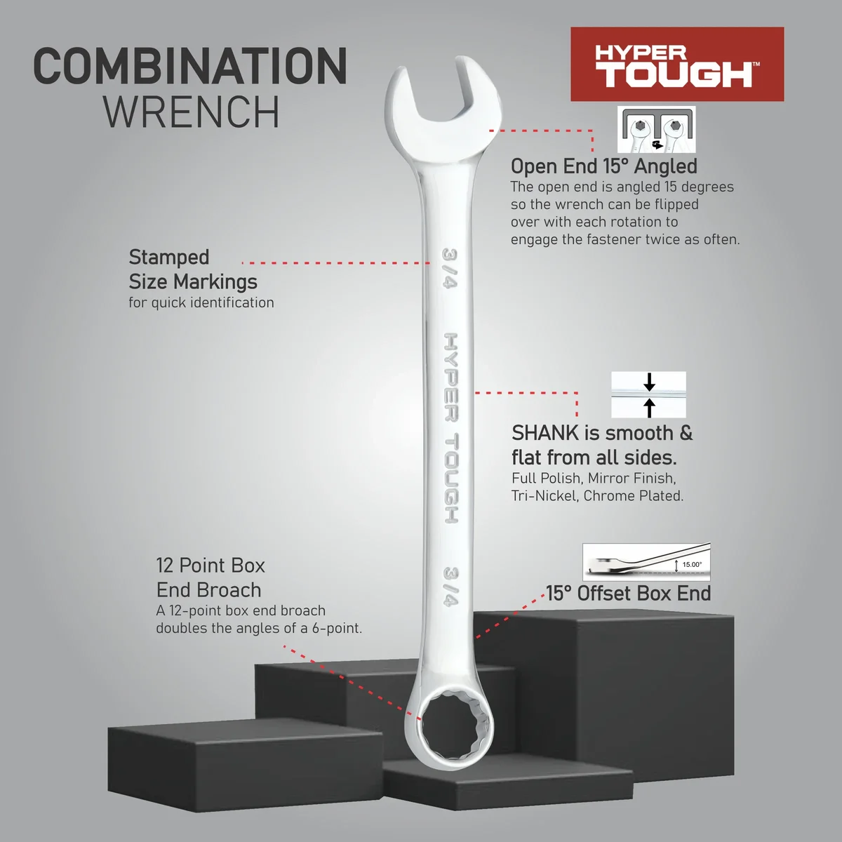 Hyper Tough 16-Piece SAE Combination Wrench Tool Set, Hand Tools 1069