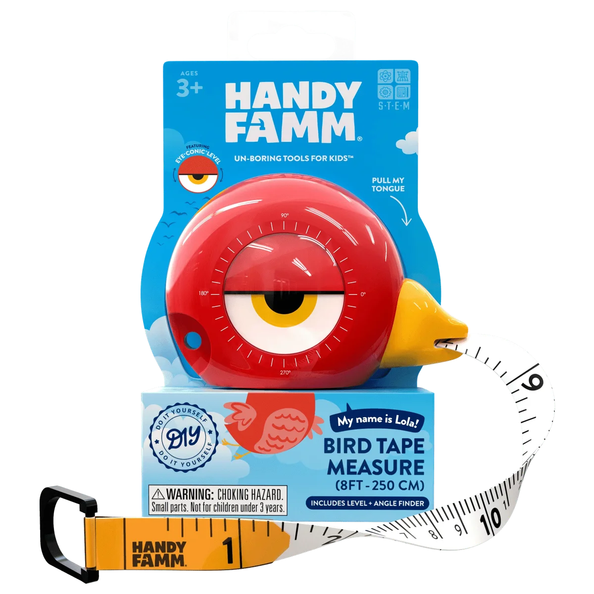 Handy Famm Retractable 8ft Bird Measuring Tape STEM Toy, Red 2140