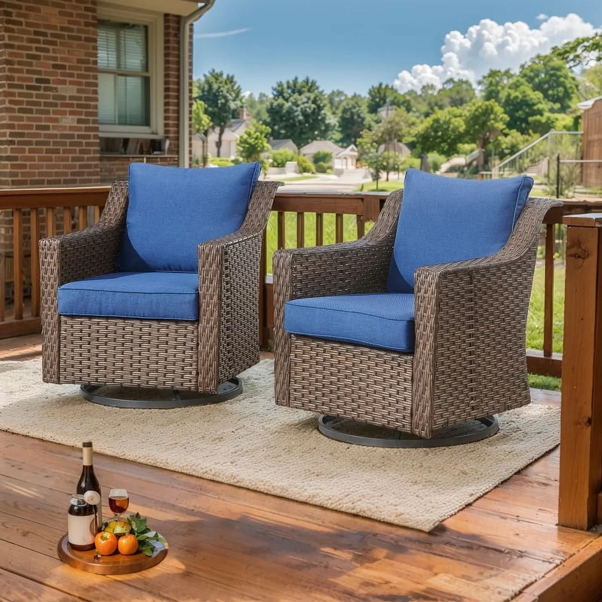 PARKWELL Outdoor Patio Swivel Glider Chair Set of 2,All-Weather Rattan Swivel Rocking Lounge Chair with Removable Navy Cushions for Porch Balcony 4700
