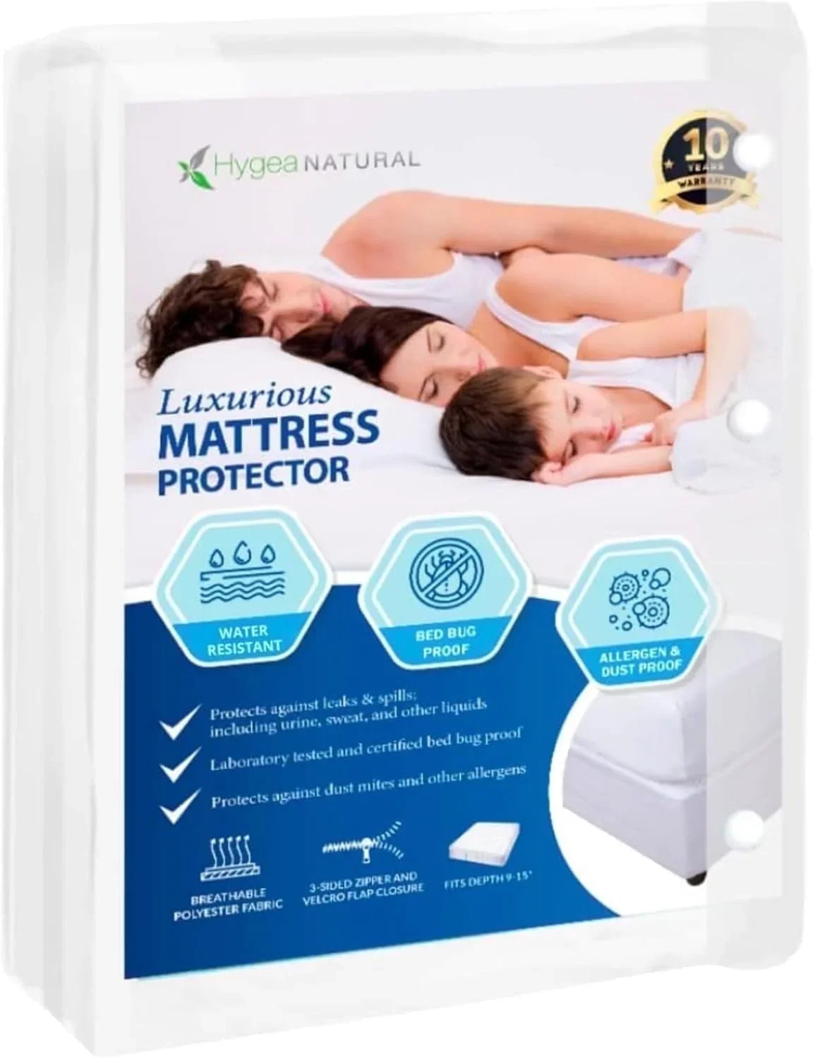 Hygea Natural Luxurious Bed Bug Mattress Protector Cover Zipper Bedding, Waterproof, Queen 5607