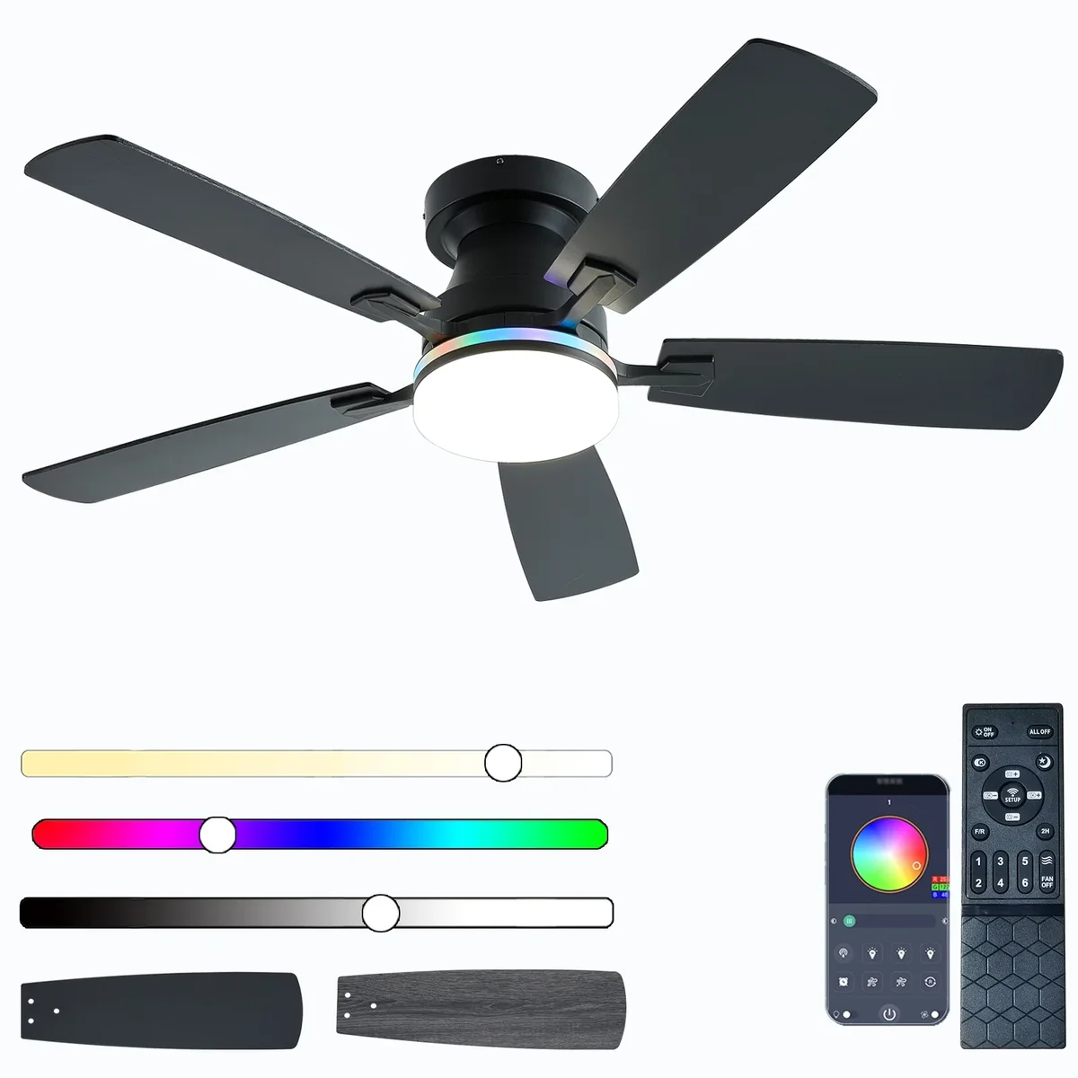 JSAITEE Ceiling Fans with Lights, 48 inch Low Profile Ceiling Fan with Light and Remote Control, Flush Mount RGB Dimmable Light, Noiseless, Black Ceiling 3808