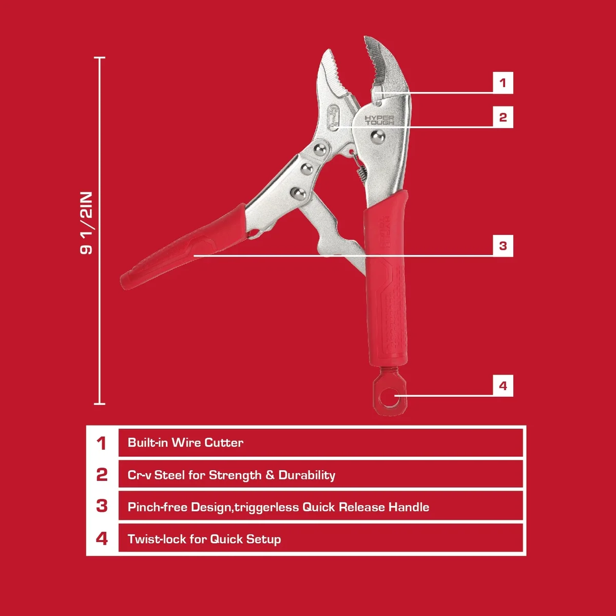Hyper Tough 10-inch Curved Jaw Locking Plier with Triggerless Release 3143