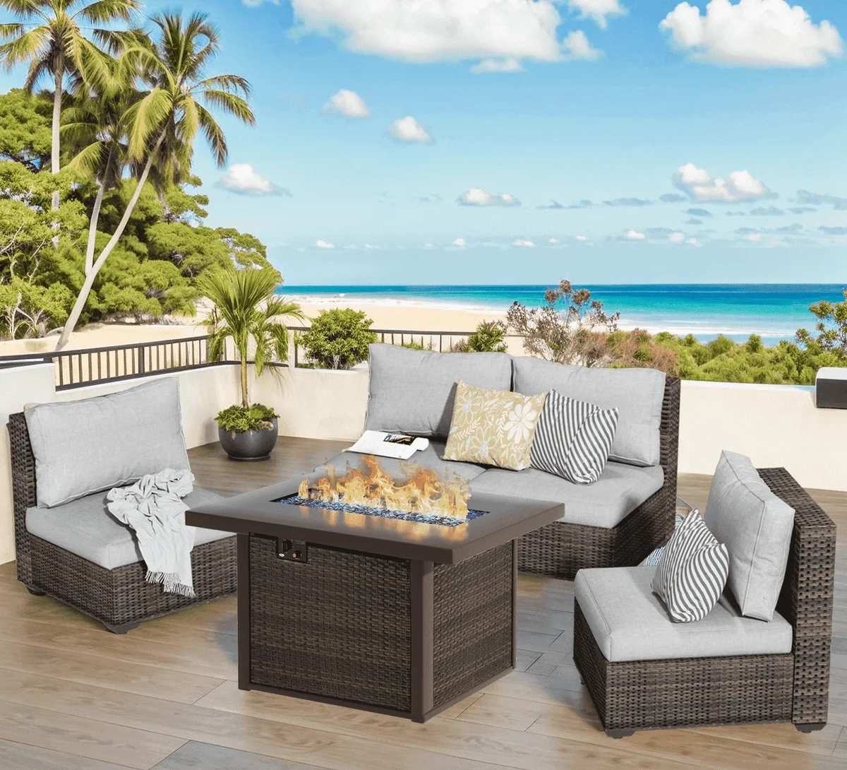 Gaildon 5 Piece Patio Furniture Set with Fire Pit Table, All Weather Outdoor Sectional PE Rattan, Patio Conversation Sets with Cushions for Garde 9706
