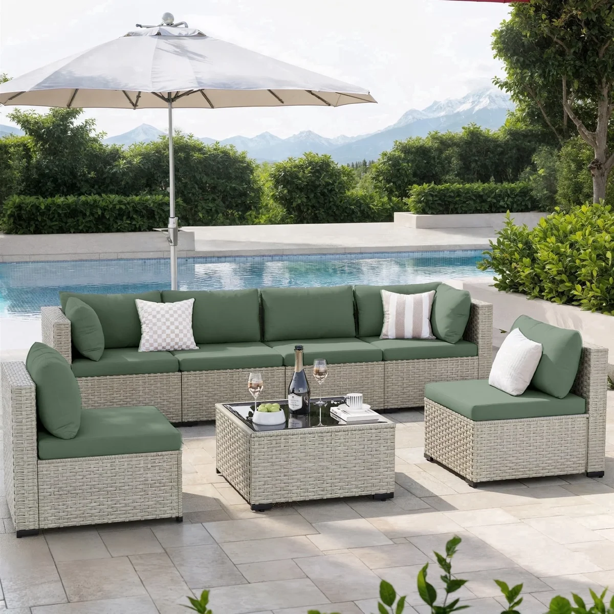 Amopatio 7 Pieces Patio Conversation Set, Outdoor Sectional PE Rattan Wicker Furniture Seat,GREEN 8668