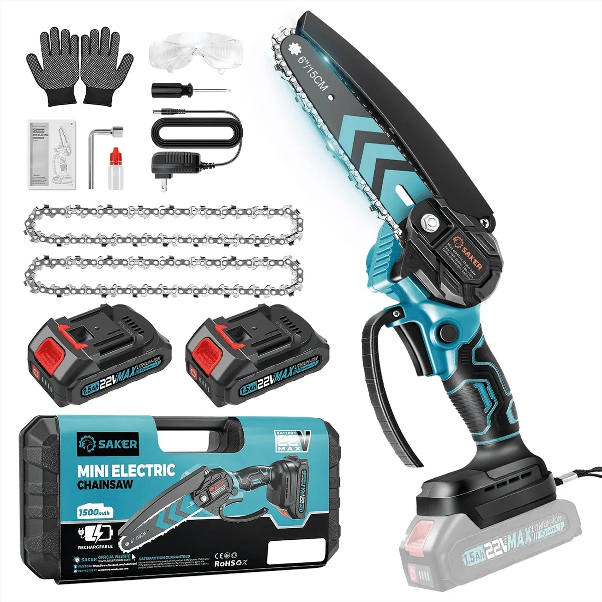 Saker 6 inch Mini Chainsaw with 2 Batteries & 2 Chains, Electric Chainsaw for Cutting, Ideal for Gardening, Tree Trimming, Blue 3300