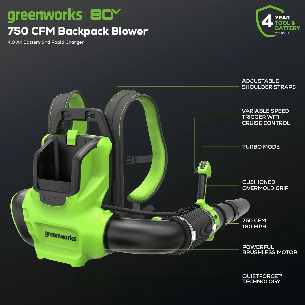 Everdaily Essentials 80V 750 CFM Battery Powered Backpack Leaf Blower, with 4.0Ah Battery and Rapid Charger 8451