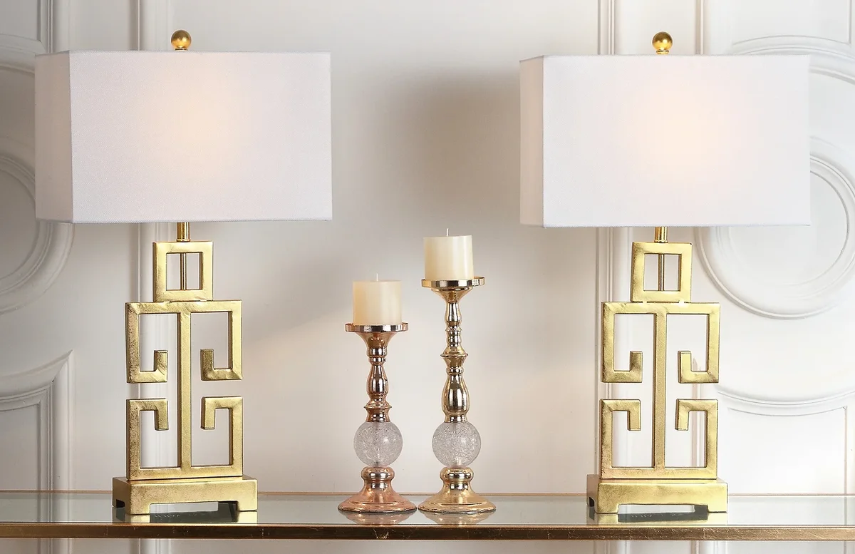 Safavieh Greek Key 29" 2 Lights Glam Antique Gold Table Lamp with Off-White Shades 1781