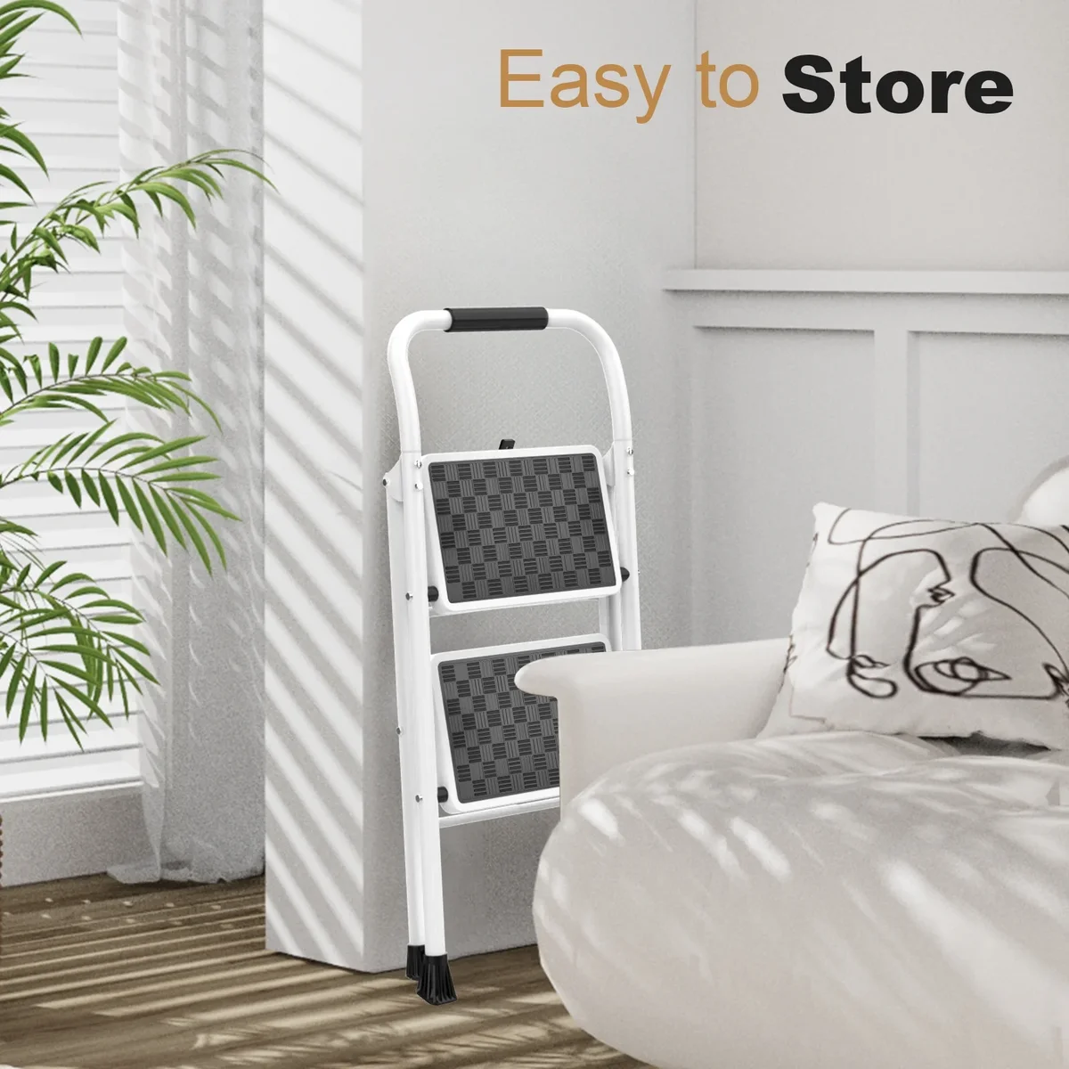 HBTower Folding 2 Step Ladder, Step Stool for Adults,  Folding Step Stool with Cushioned Handle, Wide Pedal, 330Lbs Load Heavy Duty, White 7100