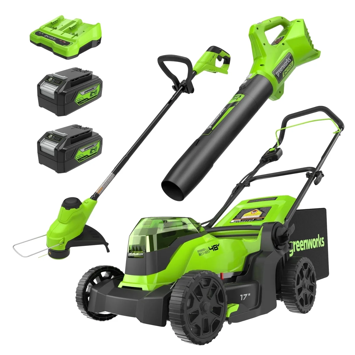 Greenworks 48V (24V x 2) 17" Brushless Push Mower+12" String Trimmer +320CFM Blower,(2) 4.0Ah Batteries and 2A Dual Port Charger 3215