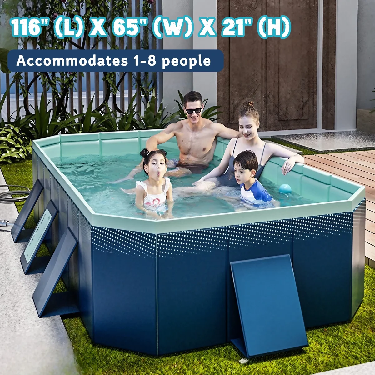 Hyindoor Outdoor Foldable Non-Inflatable Adults and Kids Swimming Pool Hard Plastic Anti-Slip for Lawn Garden Backyard（116" x 65" x 21"） 0537