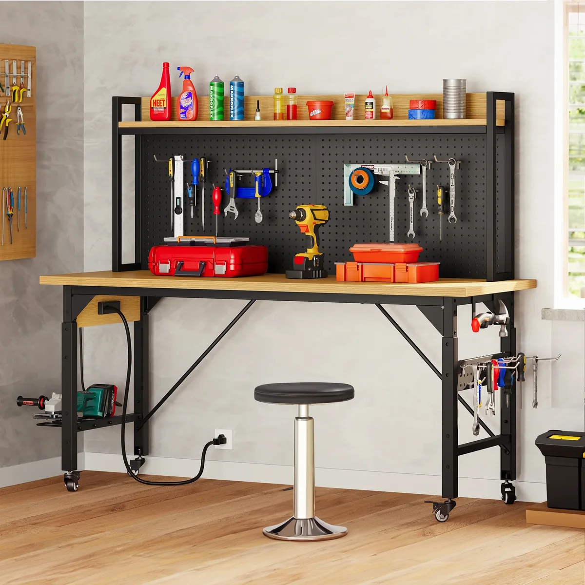 DEXTRUS Multifunctional Workbench with Wheels, 59.1" x 23.6" with Pegboard Worktable w/ Power Outlets, A3 Steel Work Bench For Garage max. Heavy  7604