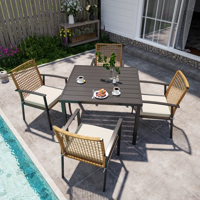 LAUSAINT HOME Patio Dining Set, 5-Piece Outdoor Wicker Furniture with Black Square Table and 4 Brown Wicker Chairs 9176