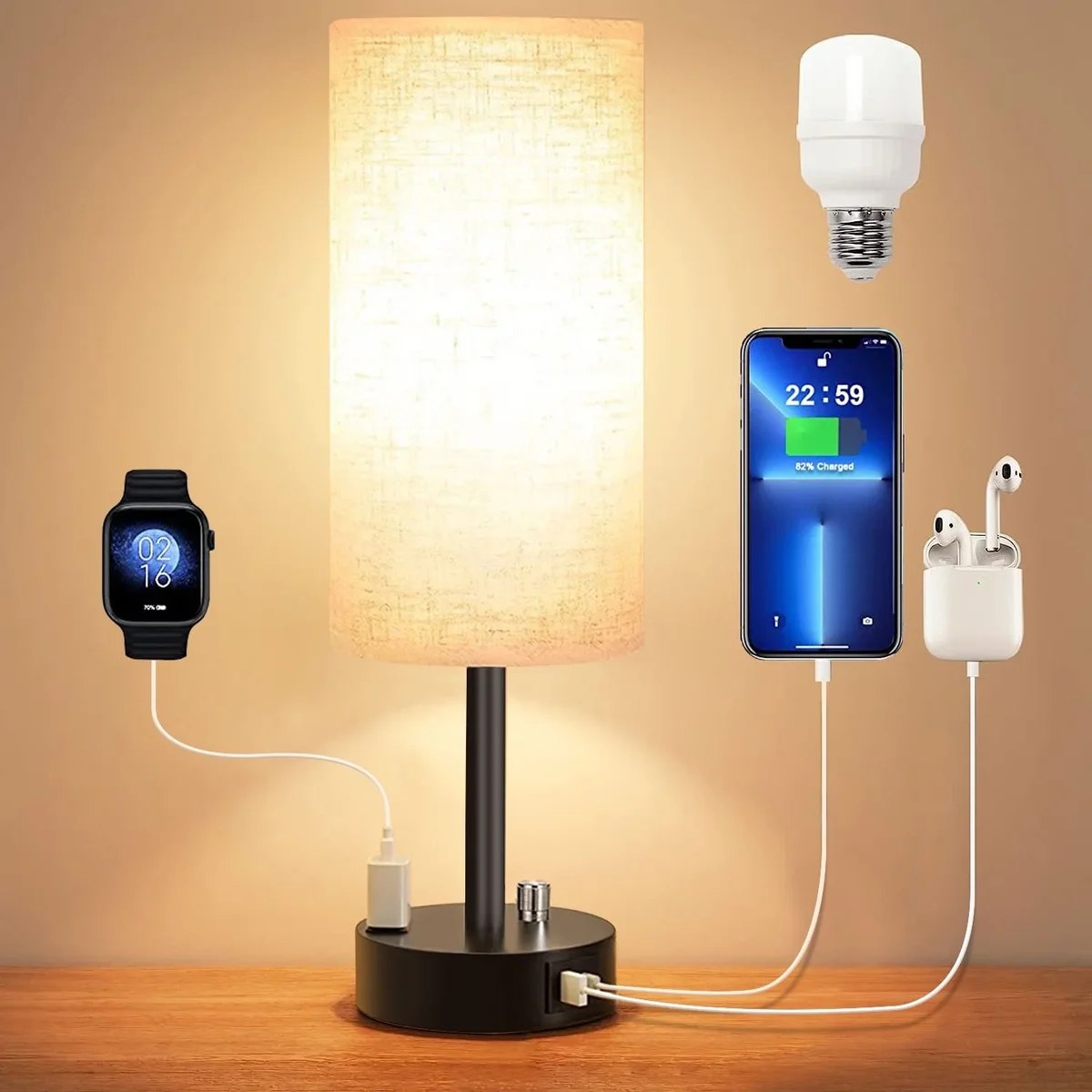 HadinEEon Bedside Table Lamp, Fully Dimmable Lamp with USB C&A Fast Charging Port, AC Outlet, Lamp with Linen Fabric Shade and Black Base for Bed 6141