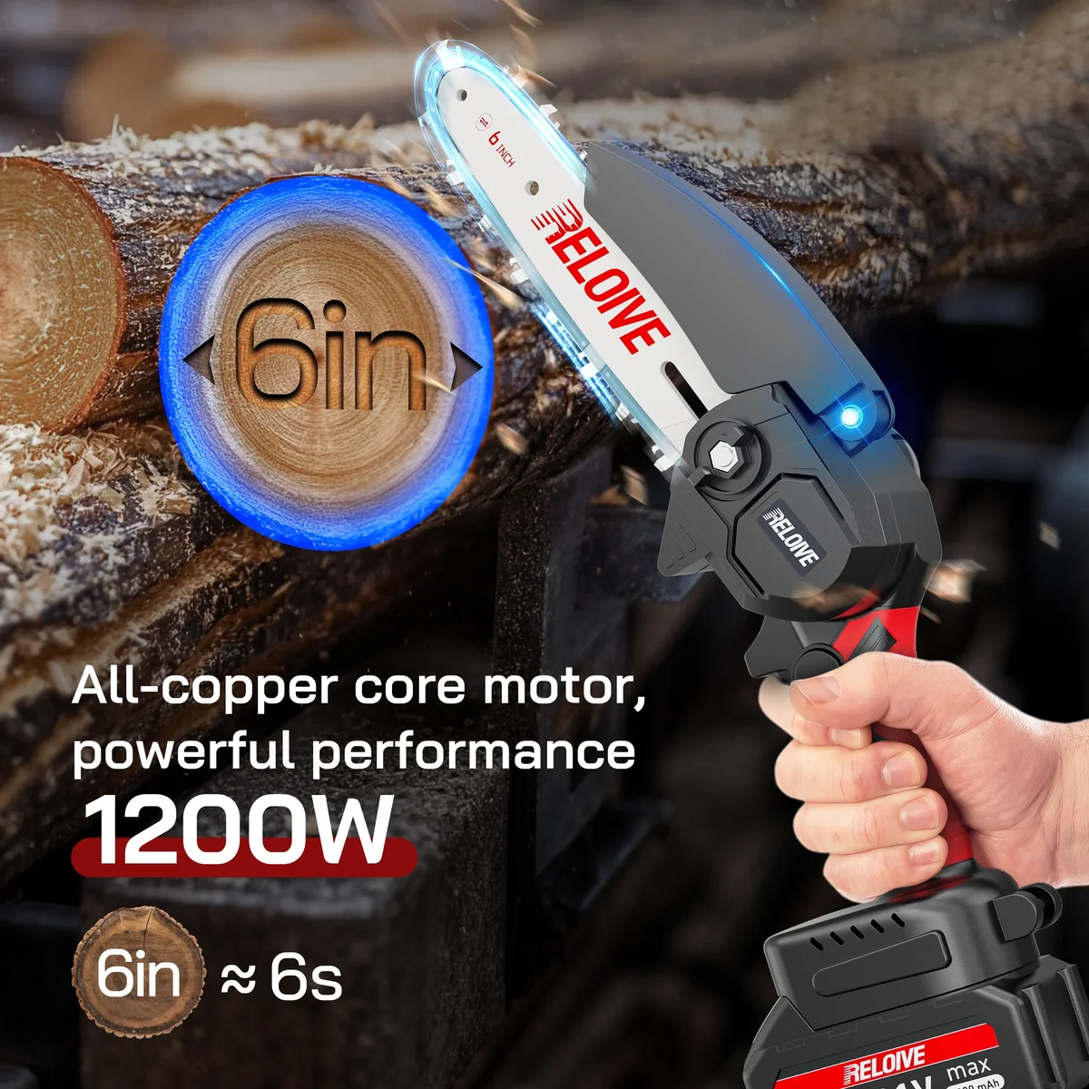 RELOIVE 6 in Mini Chainsaw with 2PCS 2.0 Ah Batteries 3 Chains,Cordless Small Handheld Chain Saw for Wood Cutting Tree Trimming 9184