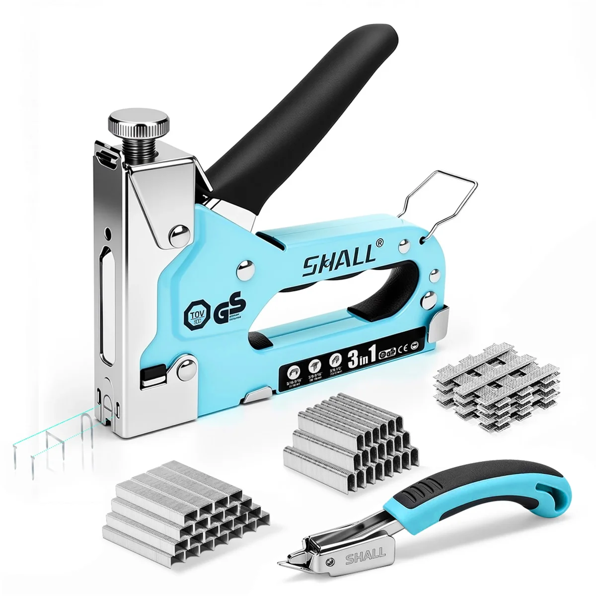 SHALL Staple Gun Heavy Duty, 3-in-1 Upholstery Staple Gun Kit with 3000 Staples, Staple Remover, Manual Brad Nailer with Specific Staples Outlet  0085