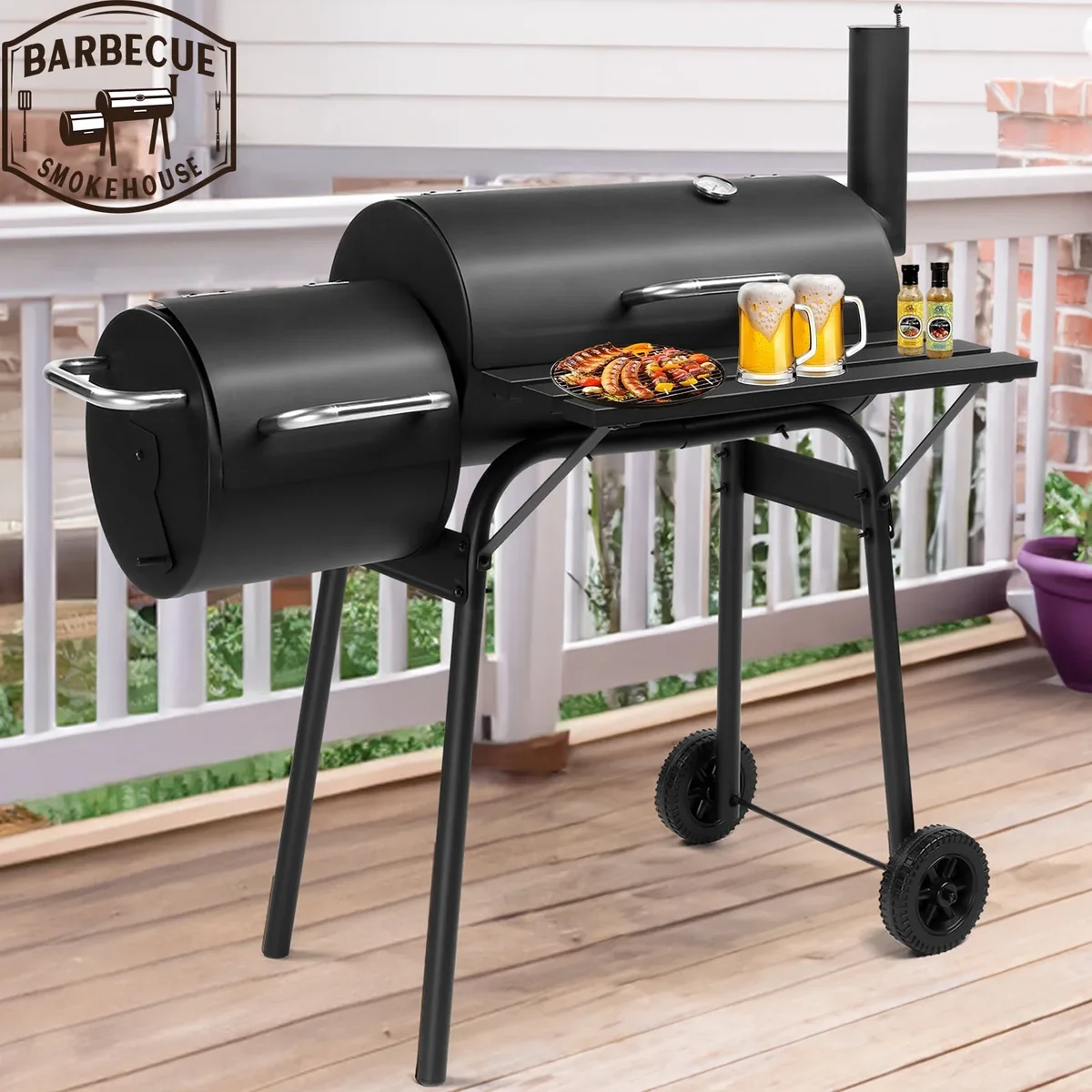 Everdaily Essentials Smoker Grill, Outdoor BBQ Charcoal Grill W/2 Cooking Area, Portable Offset Smoker on Wheels for Patio Backyard Camping 8785