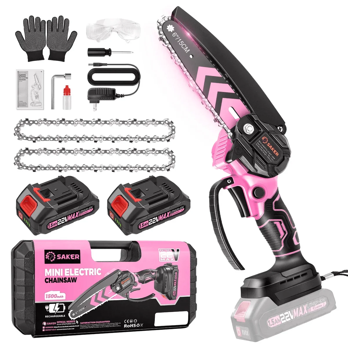 Saker Mini Chainsaw, 6-Inch Electric, Rechargeable, Cordless, Powered by 2x 22V 1500mAh Batteries, Includes 2 Chains, for Women & Elderly, Pink 3408