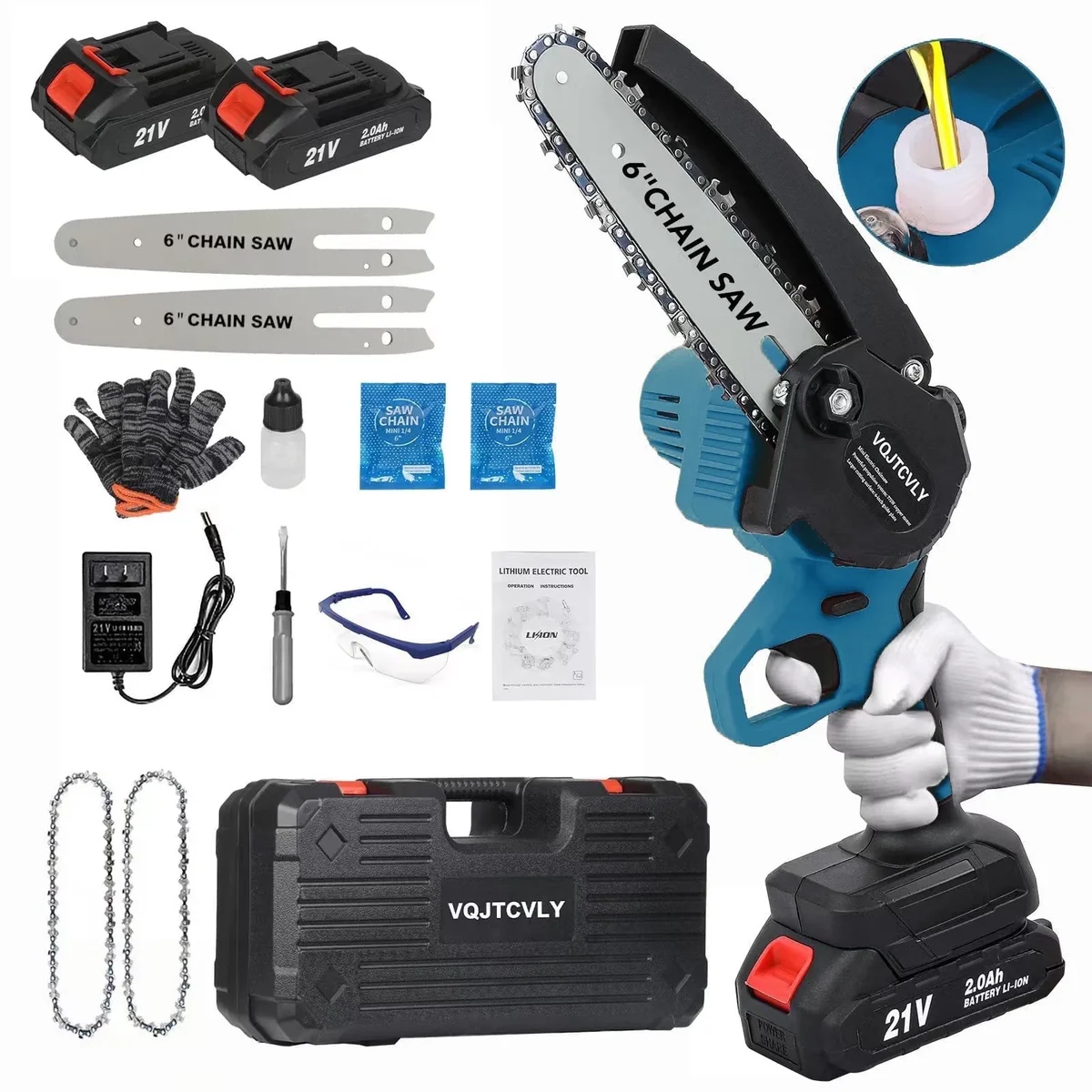 Euur VQJTCVLY  6 inch Mini Chainsaw with 2x2000mAh Batteries and 2 Chains, Electric Cordless Chainsaw Set with Security Lock for Wood Cutting Tree Pru 5860