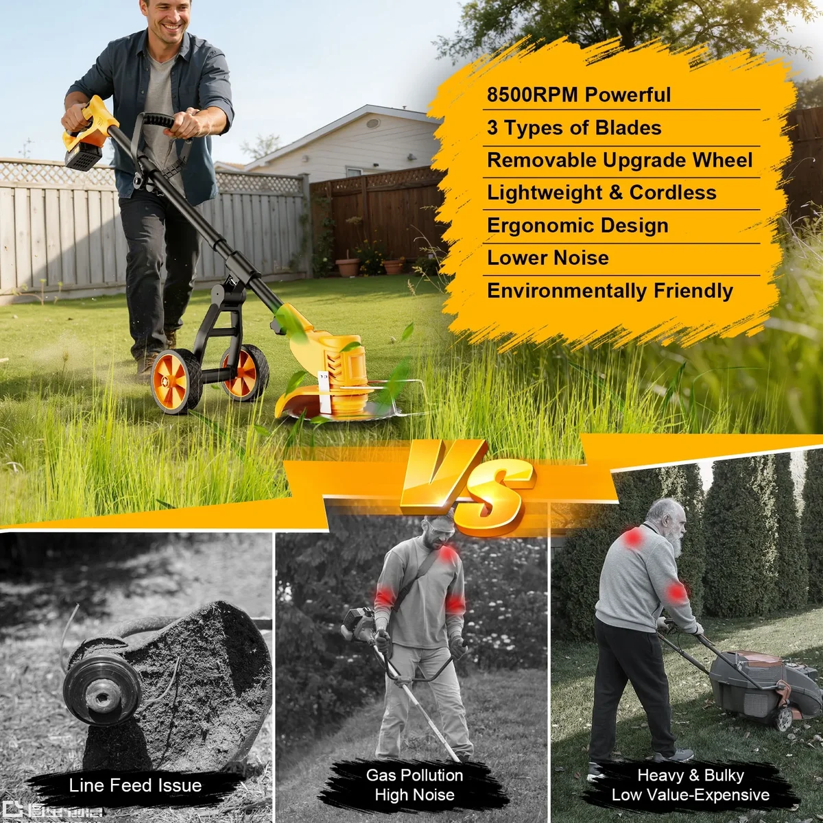 Lemolifys 6-inch Weed Eaters with Wheels & 3 Blades, 21V Battery String Trimmer for Lawn Yard Garden 4422