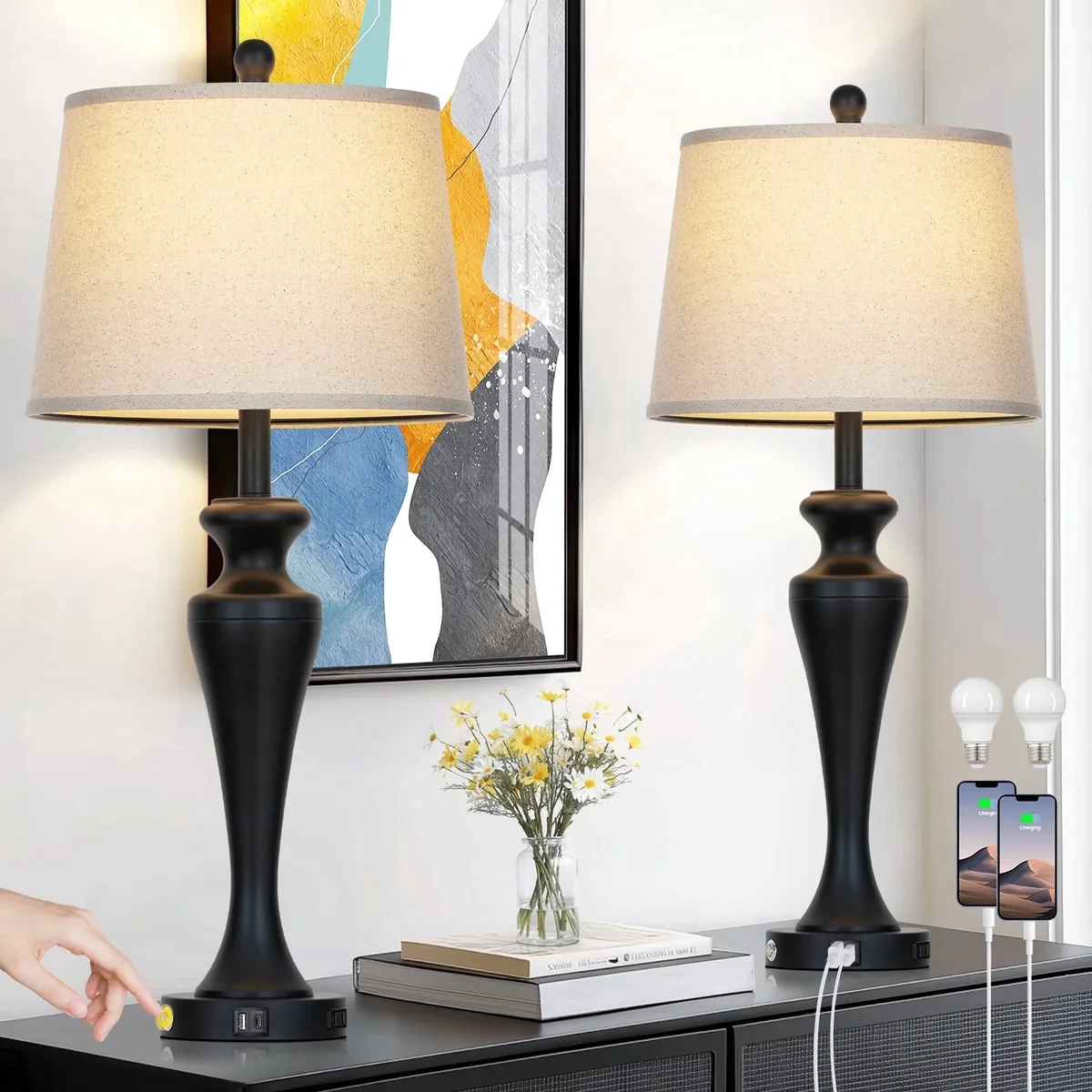 Cinkeda 29.5" Black Table Lamps Set of 2, Touch Control Tall Bedside Lamp with USB A+C Ports & AC Outlet, 3-Way Dimmable Modern Metal Nightstand  7196