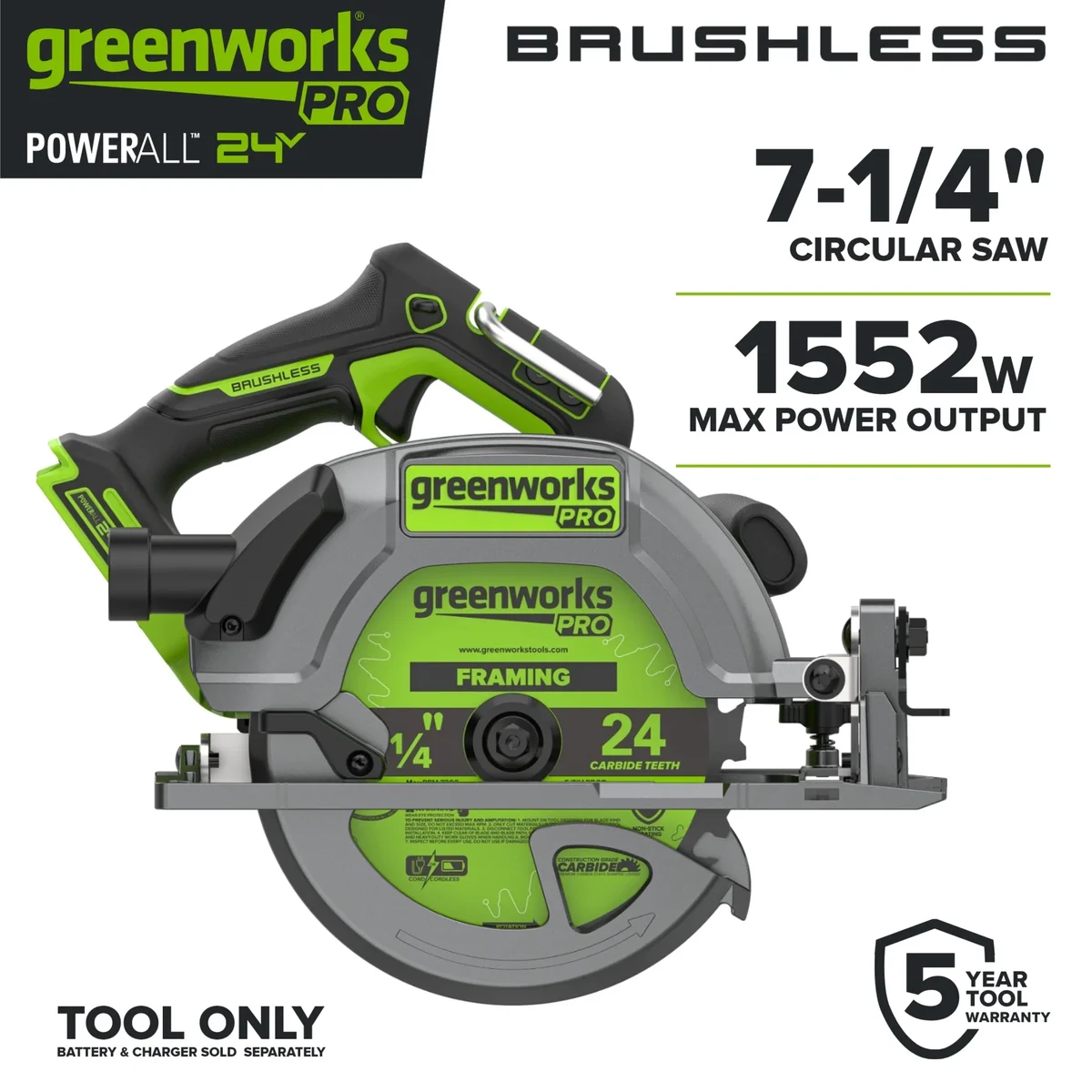 Greenworks Pro PowerAll 24V Brushless 7-1/4" 6000 RPM Circular Saw, Tool Only, CR5185A3 0270