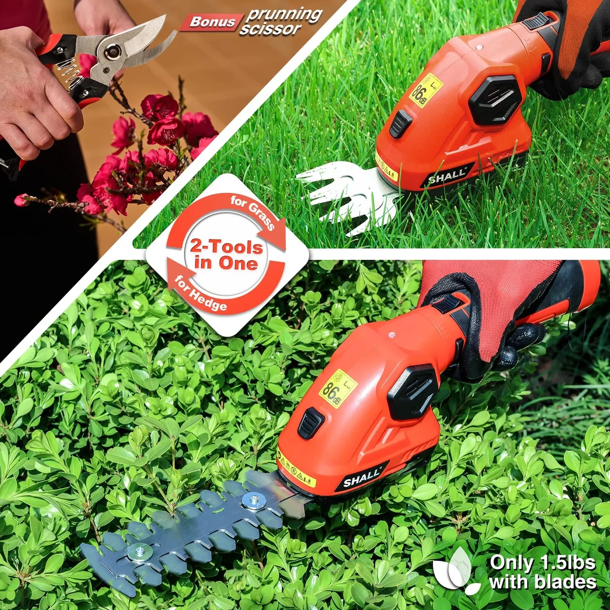 SHALL Hedge Trimmer Cordless & Garden Shears - 7.2V Electric Shrub Trimmer 2 in 1 Garden Clippers Handheld Hedge Trimmers, Hedge Clippers Grass C 9503