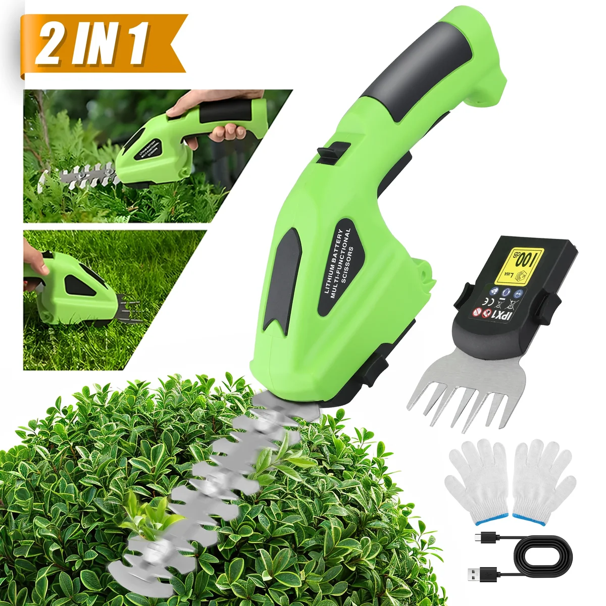 RELOIVE Hedge Trimmer Cordless,2-in-1 Cordless Grass Shears,7.2V Electric Shrub Trimmer with 2.0 Ah Battery,Green 6951