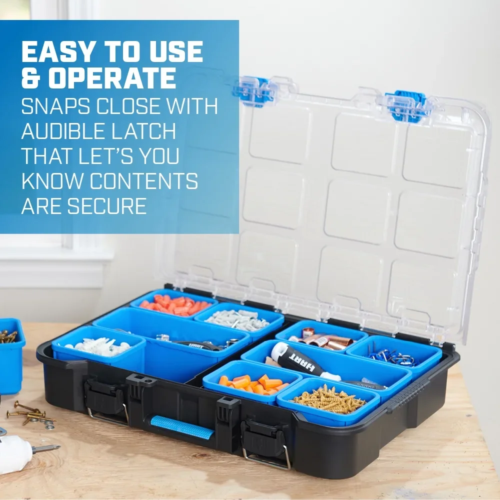 HART Stack System Small Parts Organizer with Removable Bins, Black with Blue Accents 8514