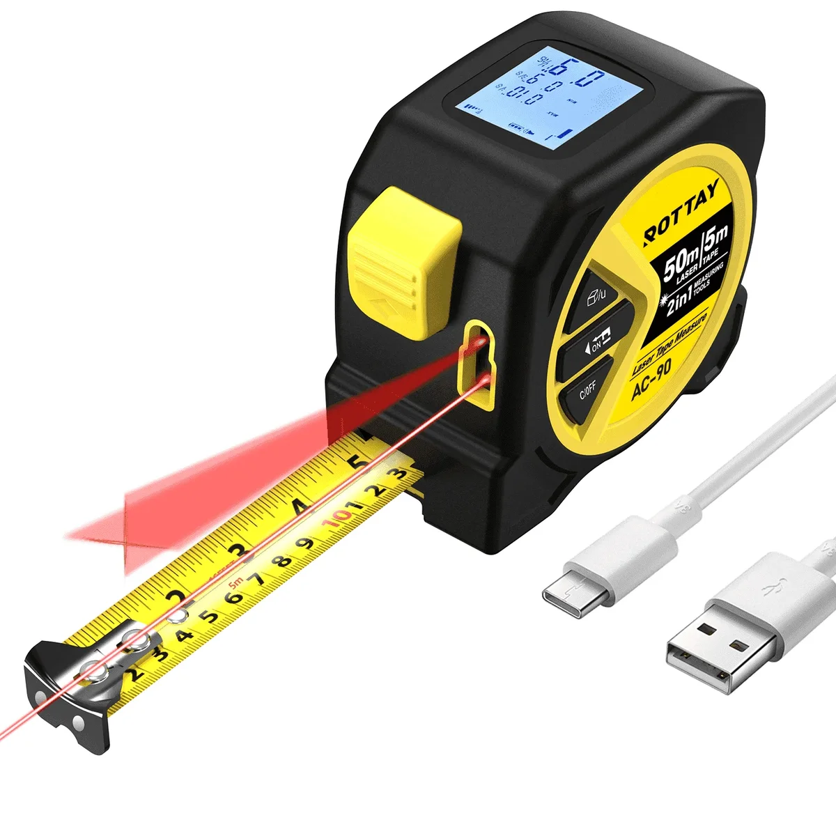 Askmuse Digital Tape:Askmuse 16ft 2-In-1 Laser Tape, Measuring Tape Almighty, 164ft Infrared Laser Tape Measure Type-C, LCD Diaplay with White Backlight, 1850