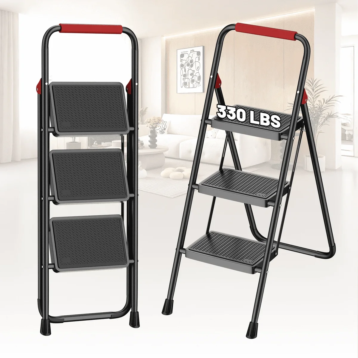 Lafati 3 Step Folding Step Stool for Adults, Heavy Duty Steel Ladder with Anti-Slip Pedals & Auto-Lock, 330 lbs Capacity, Space Saving for Kitche 4627