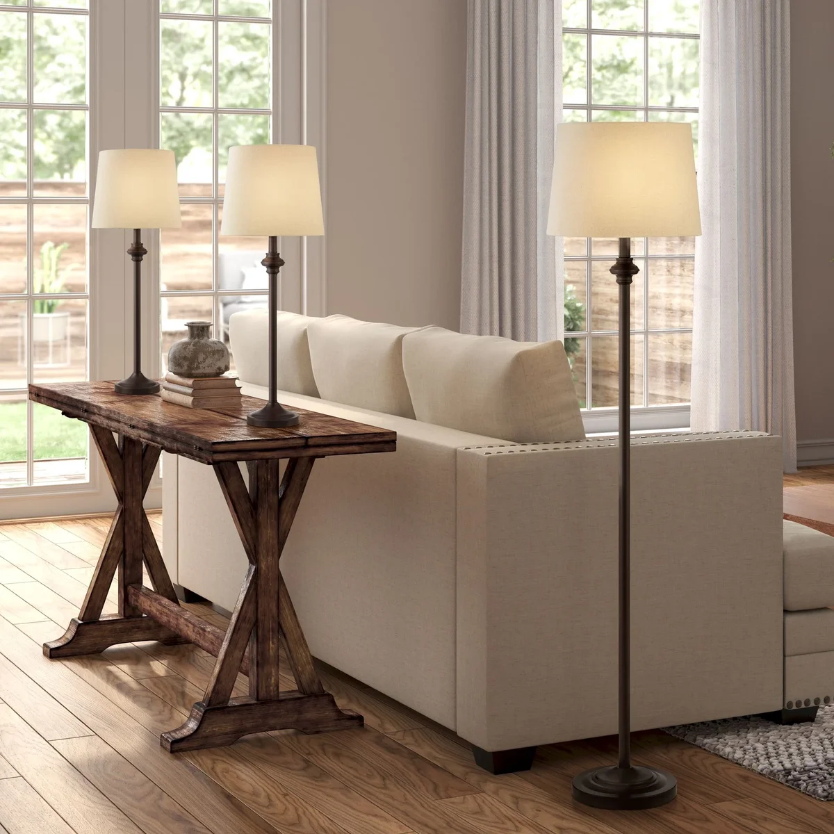 360 Lighting Carter Traditional 3 Piece Floor Table Lamp Set Bronze Metal Oatmeal Drum Shade for Bedroom Living Room Bedside Nightstand Office Ho 2815