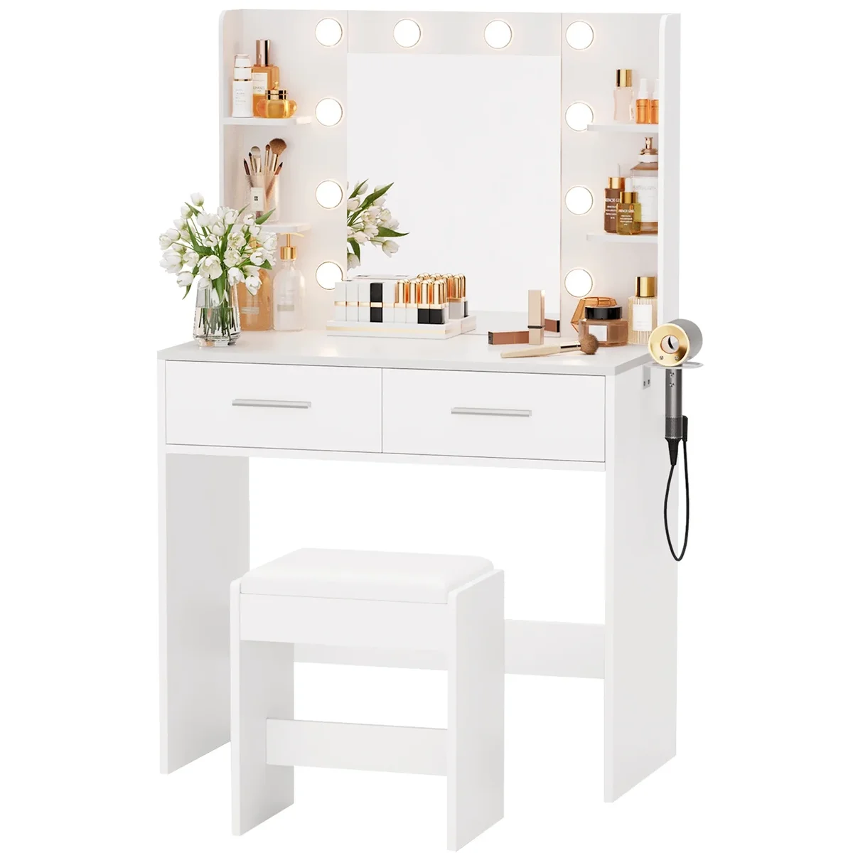 Vineego Makeup Vanity Desk with Lighted Mirror & Power Outlet, Makeup Vanity with stool,White 5922