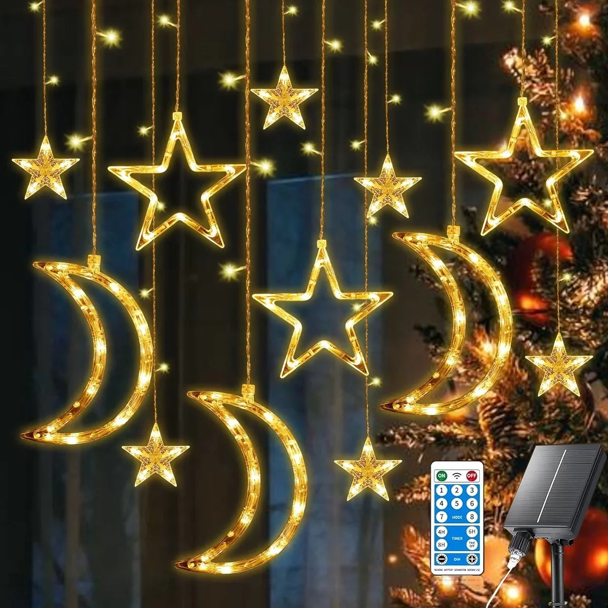 Rirool 138LED Solar String Lights with Remote, USB Rechargeable & Solar Powered, 8 Modes Waterproof Fairy Lights for Patio, Garden, Wedding (Star 6207