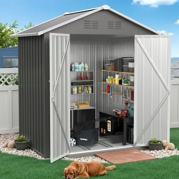 Enyopro 6' x 4' Outdoor Storage Shed with Base, ENYOPRO Galvanized Metal Garden Tool Shed with Lockable Double Doors, Sloped Roof & Vent for Backyard Pat 2270