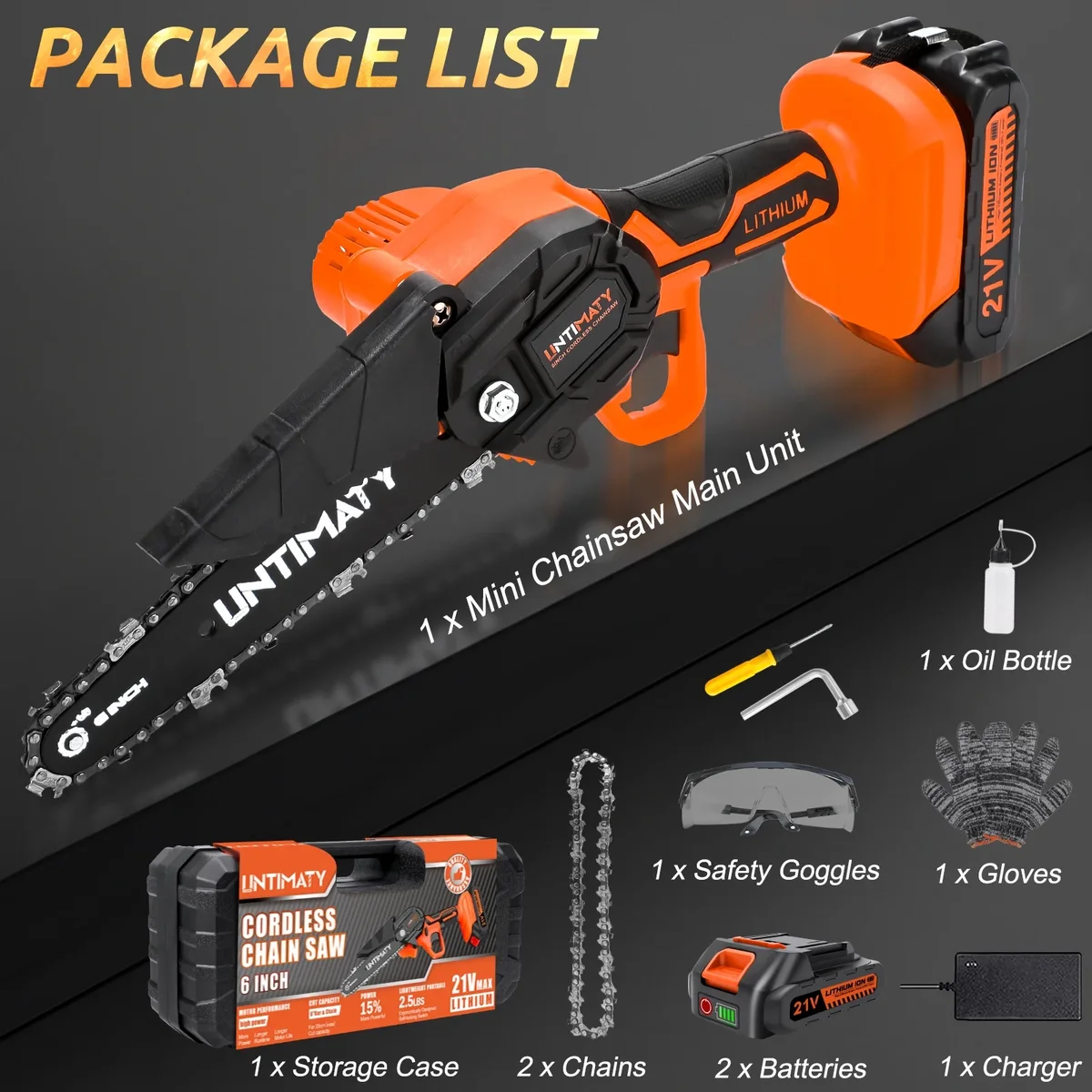 UNTIMATY 6 inch Mini Chainsaw with 2 Batteries and Case Cordless Electric Handheld Chain Saw Battery Powered for Wood and Tree Branches, Orange 6362