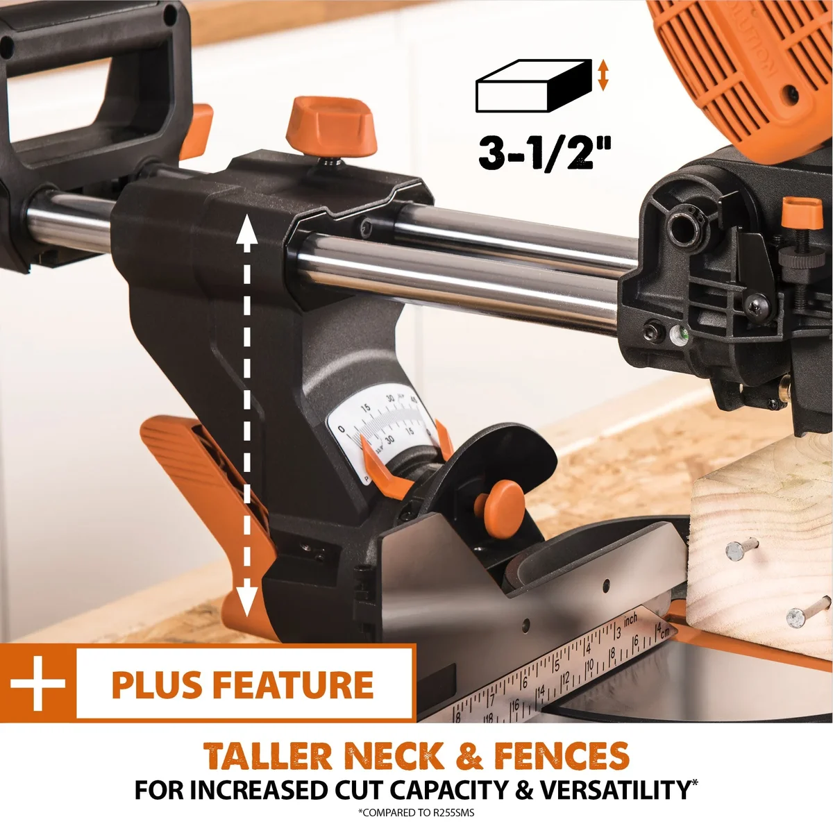 Evolution R255SMS-DB+: Dual Bevel Sliding Miter Saw With 10 in. Multi-Material Cutting Blade 9926