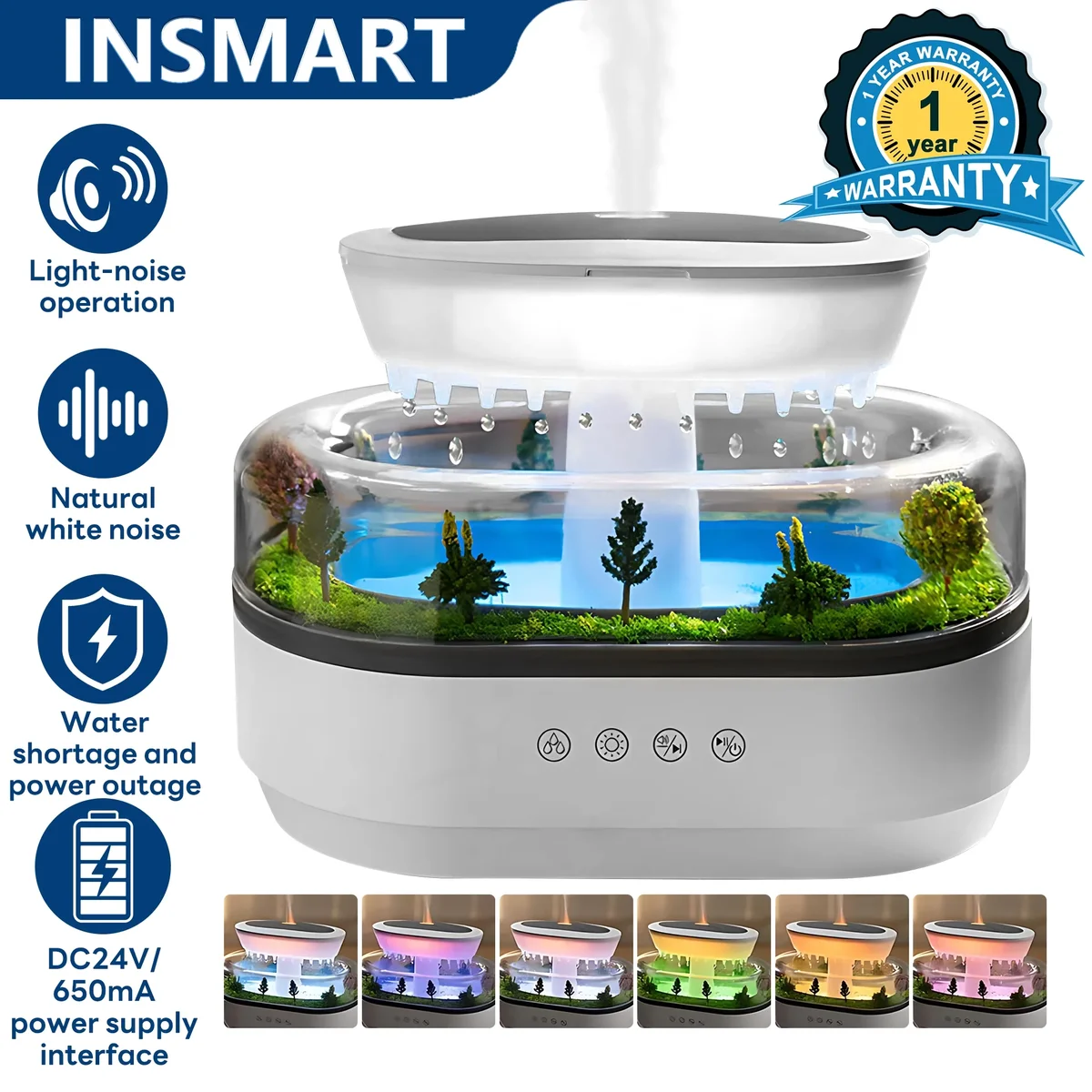 INSMART Forest Raindrop Humidifier with 7-Color Mood Light & Natural White Noise - 250ml Ultrasonic Aroma Diffuser,Forest Landscape Design, Non-S 6567