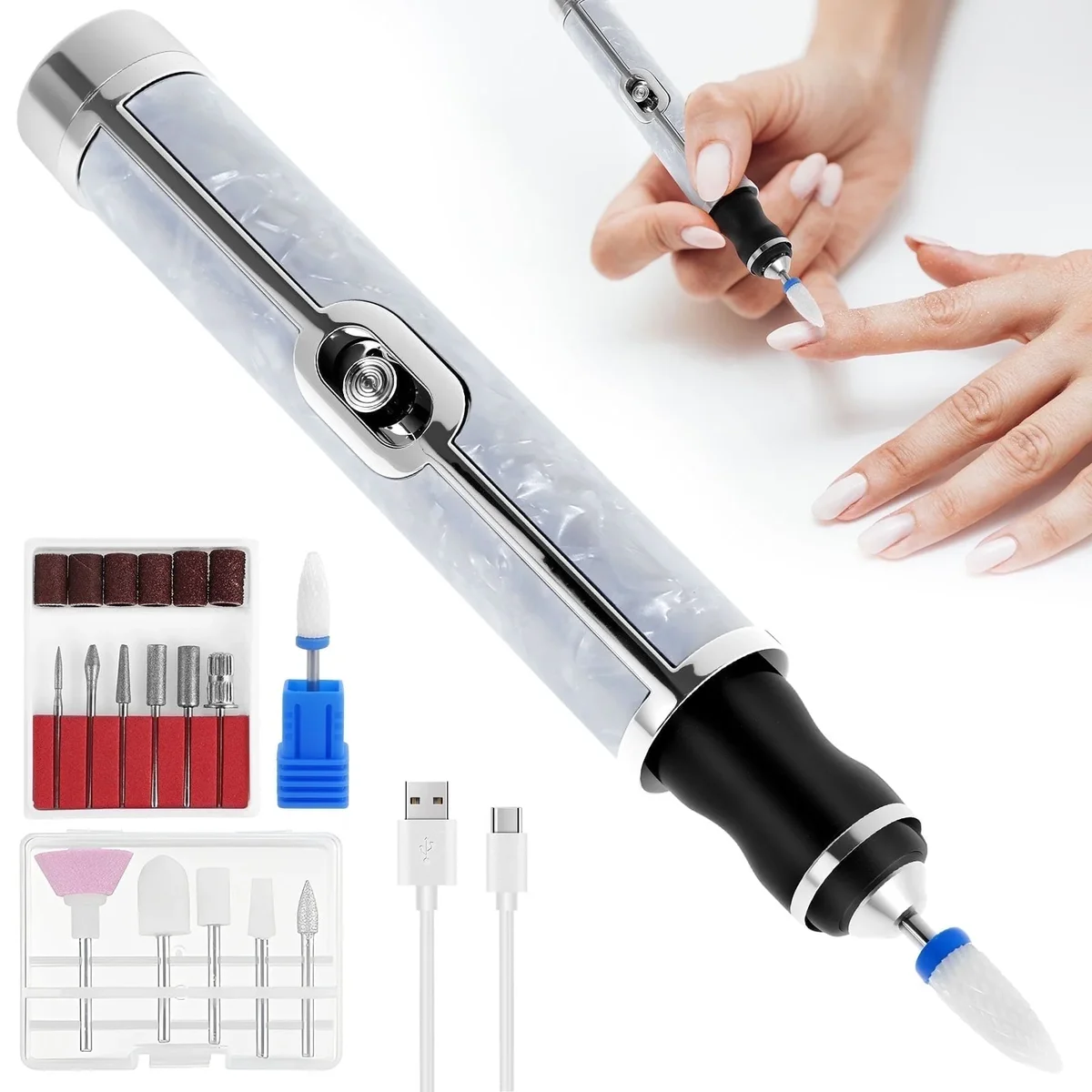 FYJUCPA Aluminium Alloy Electric Nail File Kit for Thick Toe Nails Rechargeable 4 Gears Electric Nail Drill Machine Low Noise Electric Nail Grind 1303