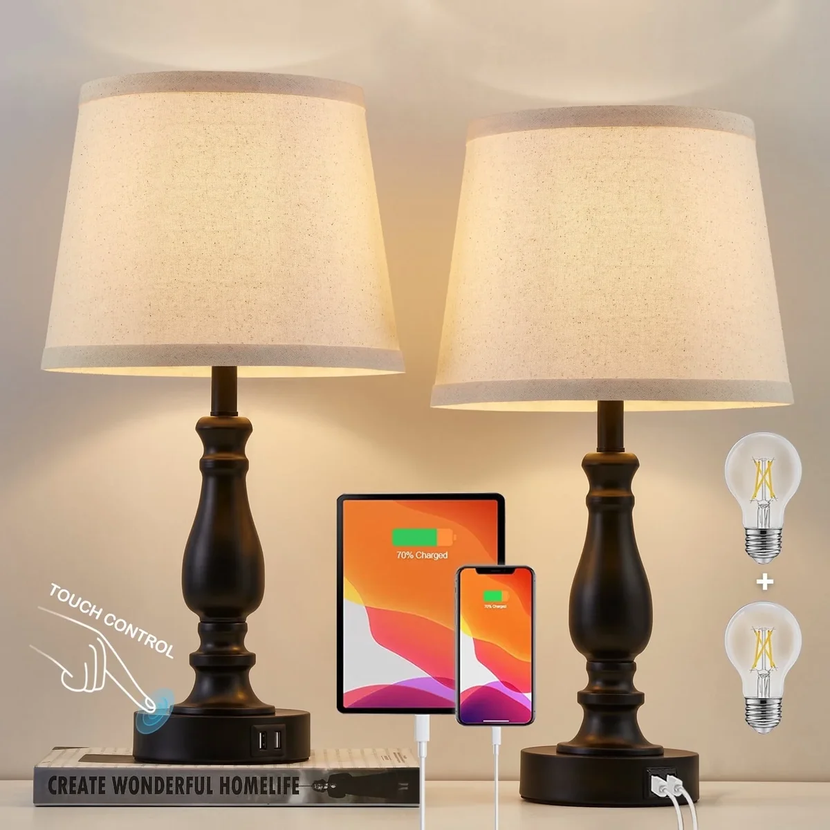 NATYSWAN Table Lamps Set of 2, Lamps for Bedroom with USB Charging Ports, 3 Way Dimmable Touch with Linen Lampshade, Modern Small Lamp for Nights 8679