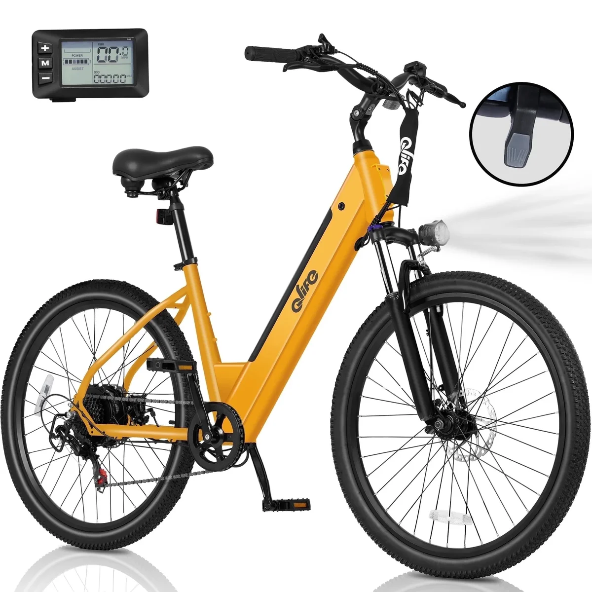 Qlife Electric Bike for Adults,28MPH,1200W Peak Motor 26" Ebike,7-Speed Upgrade 2.0 ElectricBicycle with Front Suspension,(Yellow) 3070