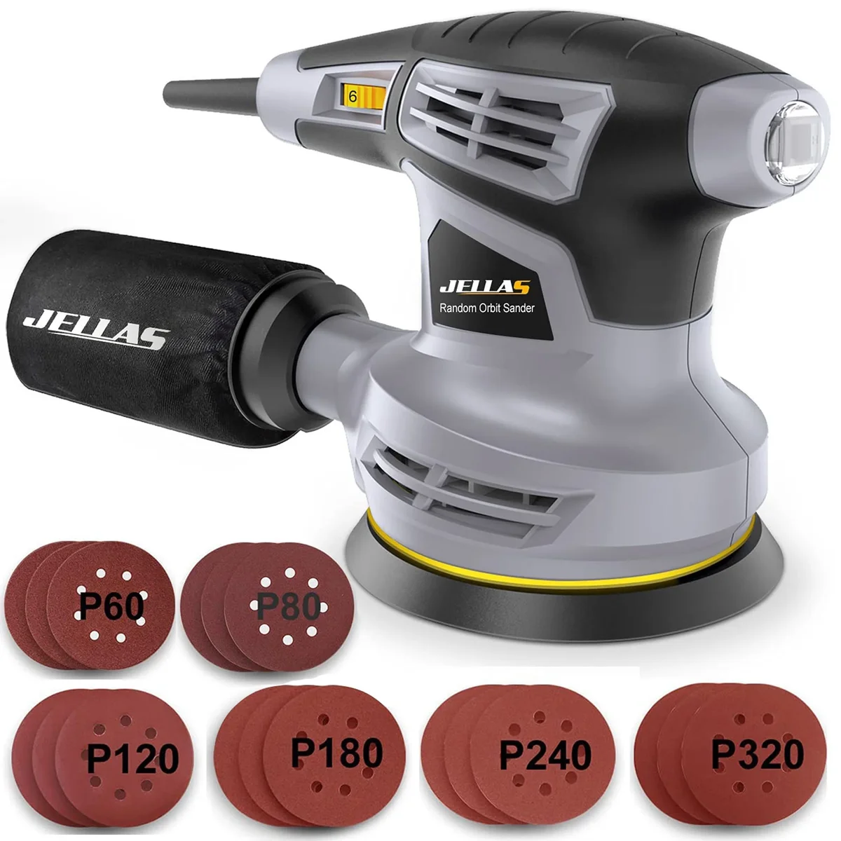 Jellas 5-Inch Random Orbital Sander with 17Pcs Sandpapers, 13000RPM 6 Variable Speed Sanders for Wood, High Performance Dust Collection System fo 8341