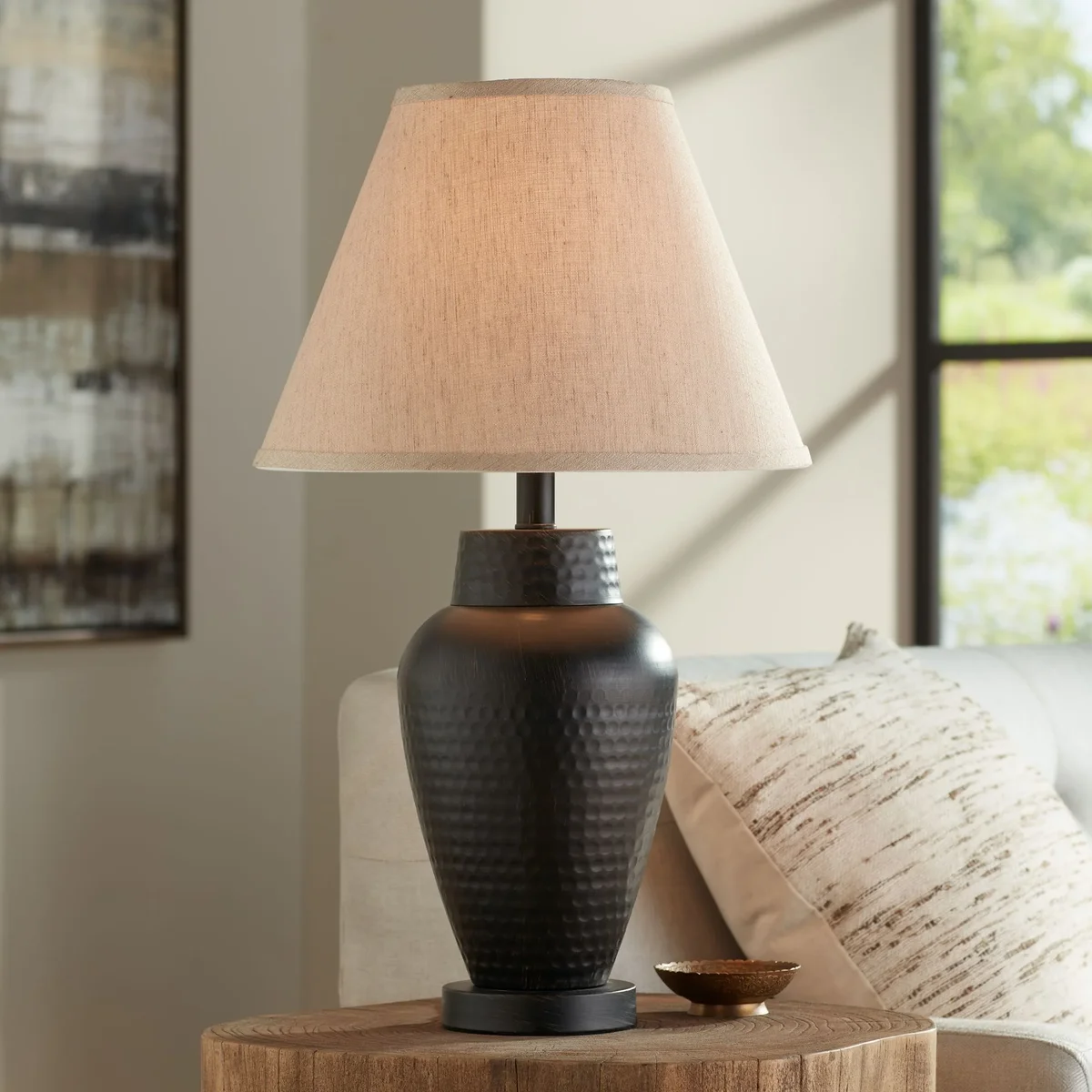 Regency Hill Auburn Rustic Farmhouse Table Lamp 25" High Bronze Hammered Natural Linen Empire Shade for Bedroom Living Room Bedside Nightstand Of 9955