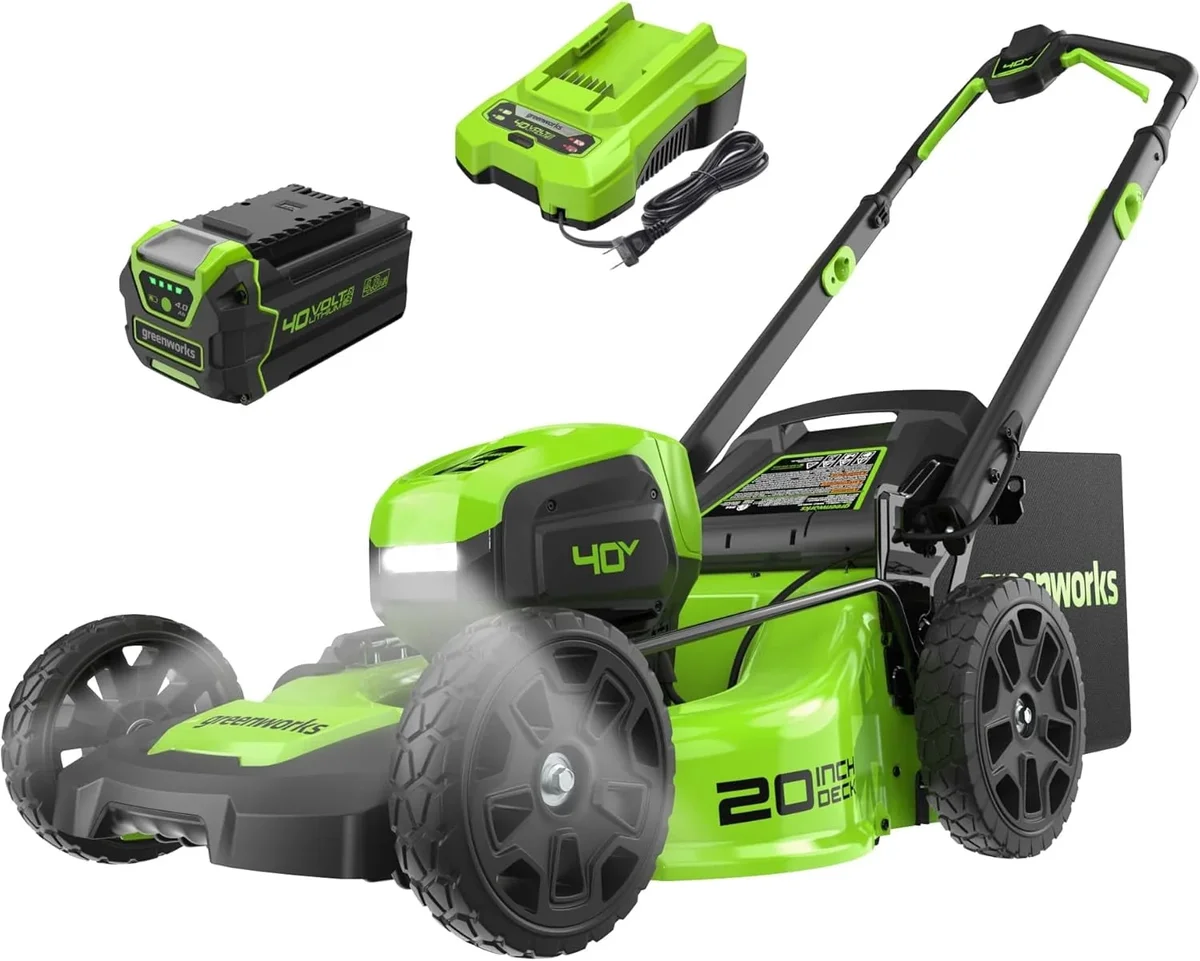 Greenworks 40V 20" Brushless Push Mower, 4.0Ah Battery (Aluminum Handles + Light) 6801