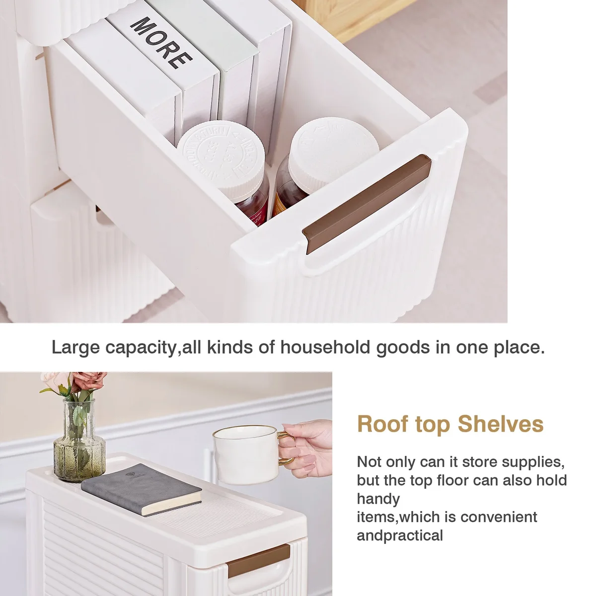VECELO 4 Drawers Moveable Small Bathroom Stackable Storage Cabinet Floor Side Cabinet, Freestanding Plastic Narrow Lim Corner Slide Out Drawer St 1809
