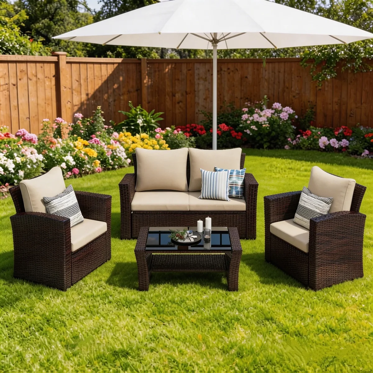 Mayincolor 4 Piece Outdoor Patio Furniture Sets, Wicker Conversation Set for Porch Deck, Brown Rattan Sofa Chair with Cushion 4680